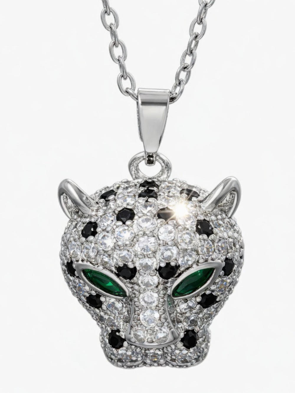 Fashion Jewelry Silver Panther Pendant Necklace with Green and Black Accents